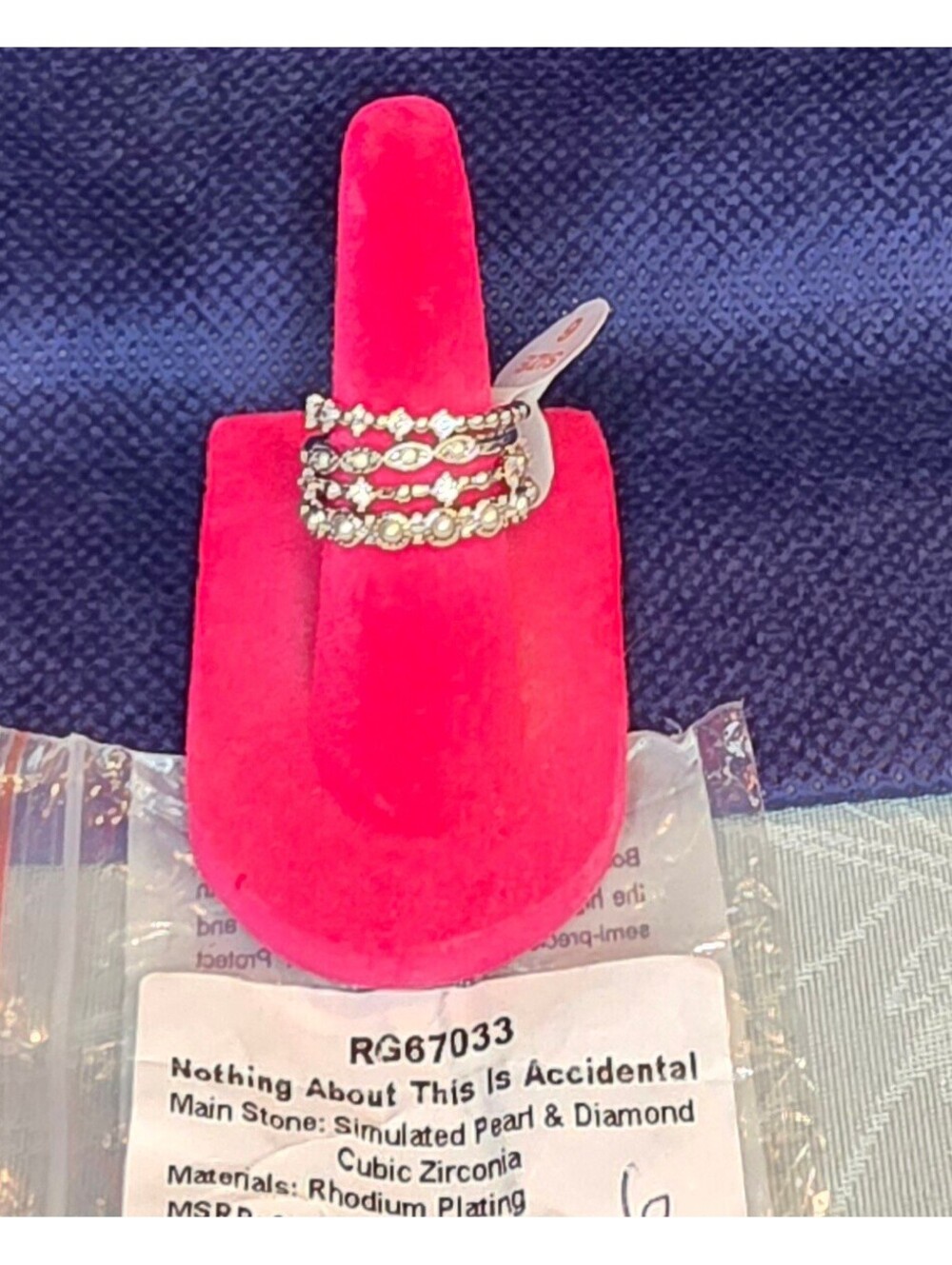 Bomb Party Simulated Pearl & Diamond Triple Row Ring with Cubic Zirconia  Size 6